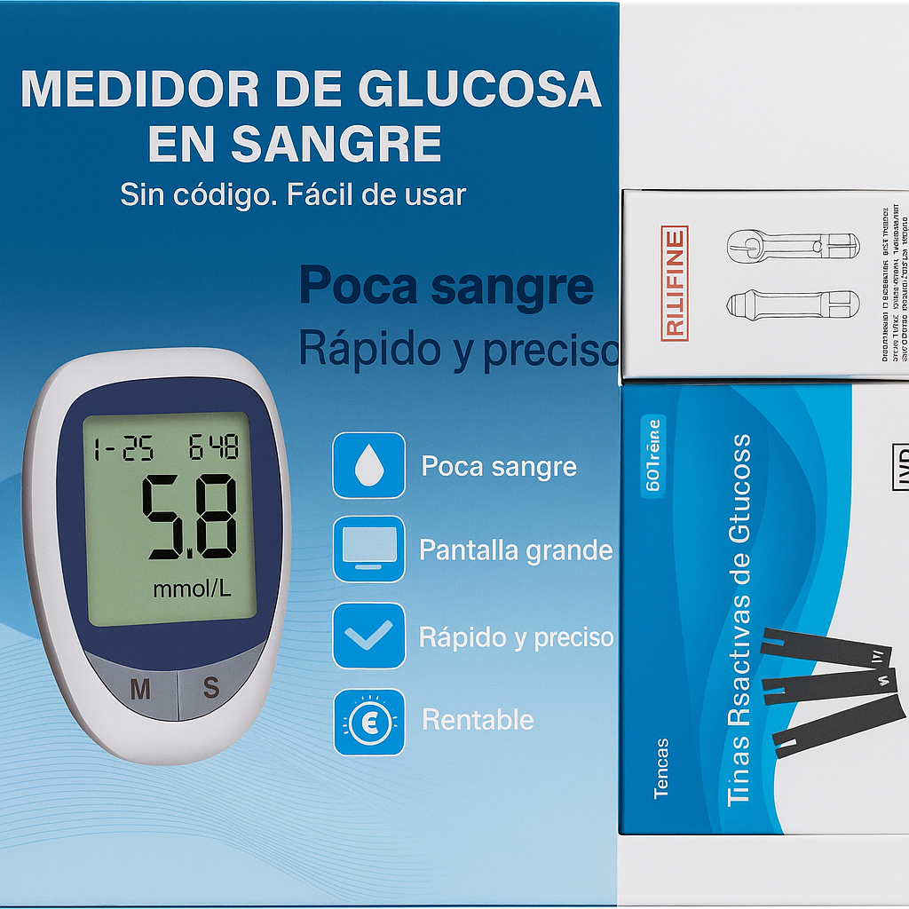 Glucómetro Digital + 50 Tiras Reactivas y Lancetas