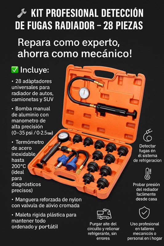 🔧 Kit Profesional Detección de Fugas Radiador – 28 Piezas